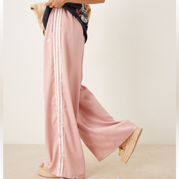 adidas Pants - Adidas Baby Pink Wide Leg Joggers with Frilly White Stripes